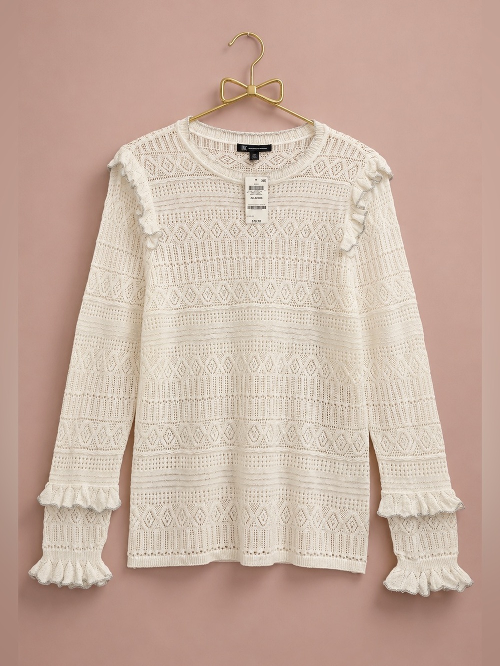 INC International Concepts Cream Lace-Knit Ruffle Long-Sleeve Top - Picture 1 of 5